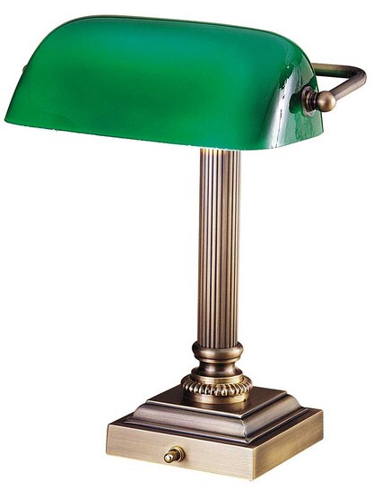 Emeralite 13 1/4 inch Bankers Desk Lamp with Green Glass Shade in Antique Brass.